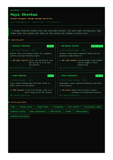 Portfolio one-pager (terminal)