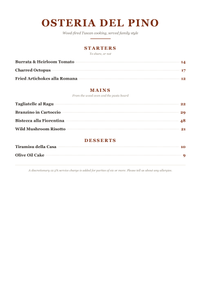 Restaurant menu